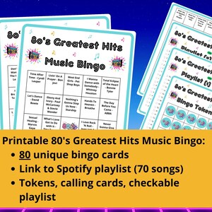 80 80s Greatest Hits Music Bingo cards - music bingo - 80s music - team building games - incl Spotify playlist - family reunion bingo - sing-a-long - songs of the decade - boom box - party game - bingo game - bar games - bar bingo - pub crawl bingo