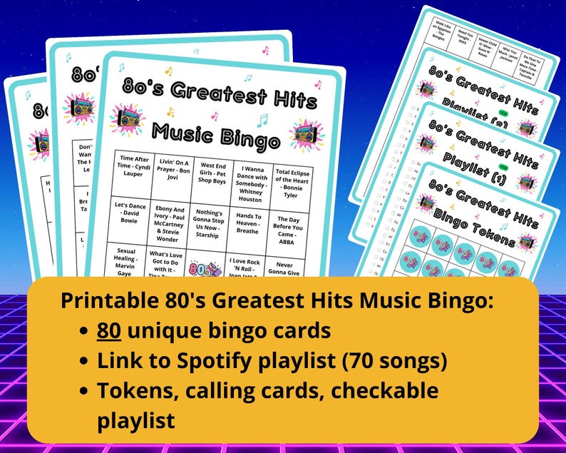 80 80s Greatest Hits Music Bingo cards - music bingo - 80s music - team building games - incl Spotify playlist - family reunion bingo - sing-a-long - songs of the decade - boom box - party game - bingo game - bar games - bar bingo - pub crawl bingo