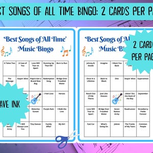 20 Best Songs of All Time Music Bingo cards - musical bingo - 50s 60s 70s 80s 90s 00s 10s music - team building games - Spotify playlist - family reunion bingo - sing-a-long - songs of the decade - boom box - bingo game - bar games - coworker bingo