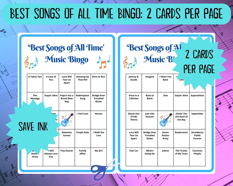 20 Best Songs of All Time Music Bingo cards - musical bingo - 50s 60s 70s 80s 90s 00s 10s music - team building games - Spotify playlist - family reunion bingo - sing-a-long - songs of the decade - boom box - bingo game - bar games - coworker bingo