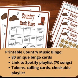 Country Music Bingo - 80 bingo cards - honky tonk - musical bingo - western bingo - Spotify playlist bingo - country bingo - musical games