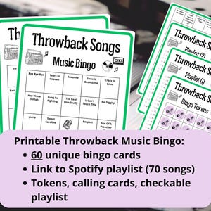 60 Throwback Songs Music Bingo cards - music games - 70&#39;s 80&#39;s 90&#39;s music - 2000&#39;s 2010&#39;s music - singo - printable Spotify playlist bingo