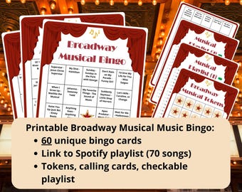 60 Broadway musicalmuziek bingokaarten - muzikale bingo - afdrukbare muziekbingo - Spotify-afspeellijst - familiereüniebingo - muzikale liedjes