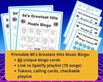 80's Greatest Hits Music Bingo cards - 60 unique cards - music bingo - 80's music - music games - including Spotify playlist - office bingo