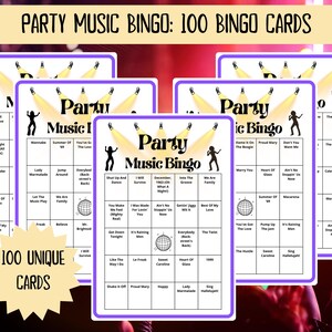 Party Music Bingo - 100 cards - musical party bingo - dance bingo - team building games - fun icebreaker - Spotify playlist bingo game - dance bingo - dance mode bingo - bingo dancing- team build - music bingo game -  musical bingo - last disco party