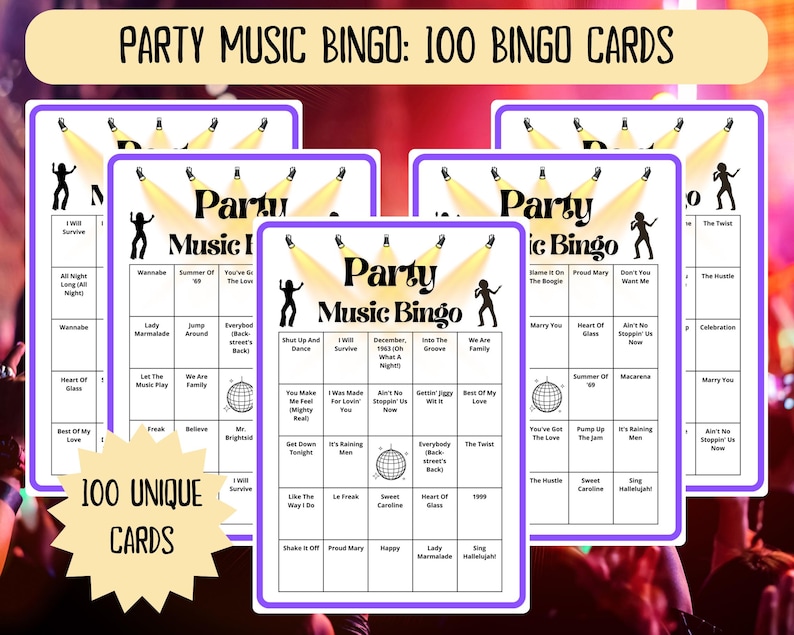 Party Music Bingo - 100 cards - musical party bingo - dance bingo - team building games - fun icebreaker - Spotify playlist bingo game - dance bingo - dance mode bingo - bingo dancing- team build - music bingo game -  musical bingo - last disco party