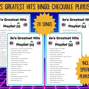 80 80s Greatest Hits Music Bingo cards - music bingo - 80s music - team building games - incl Spotify playlist - family reunion bingo - sing-a-long - songs of the decade - boom box - party game - bingo game - bar games - bar bingo - pub crawl bingo