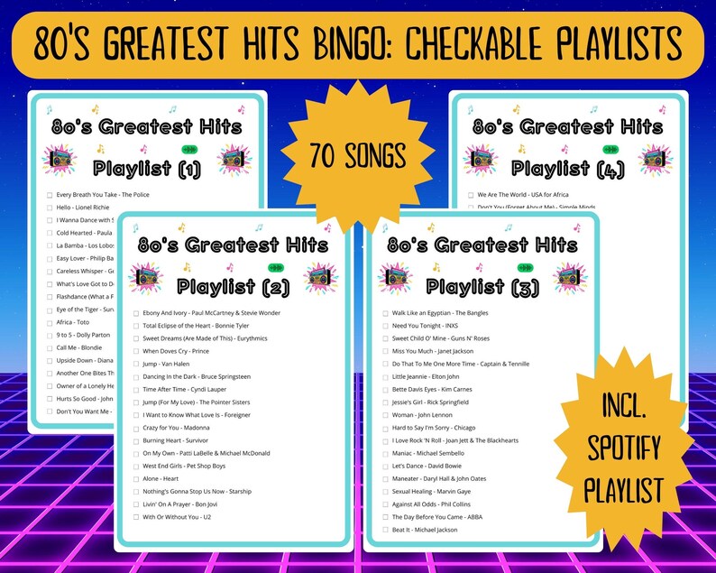 80 80s Greatest Hits Music Bingo cards - music bingo - 80s music - team building games - incl Spotify playlist - family reunion bingo - sing-a-long - songs of the decade - boom box - party game - bingo game - bar games - bar bingo - pub crawl bingo