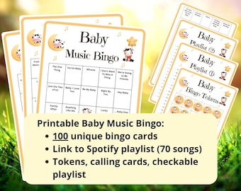 Baby Song Bingo - 100 music bingo cards - baby shower bingo - musical games - baby songs playlist bingo - baby shower musical bingo game