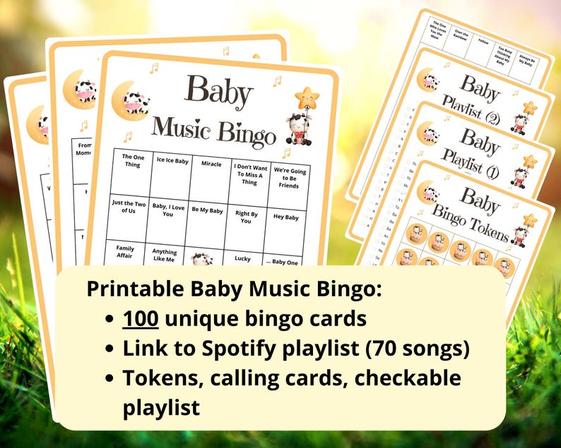 100 Baby Music Bingo cards - musical bingo - baby shower bingo - virtual baby shower - baby girl bingo - baby boy bingo - Spotify playlist - baby sprinkle bingo - cowboy western baby shower activity - baby family feud - baby songs bingo - jeopardy