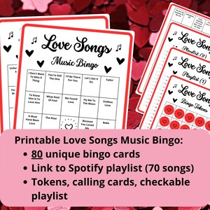 Bingo musical con canciones de amor: 80 cartones de bingo, bingo con canciones de amor, bingo musical, bingo con listas de reproducción de Spotify, bingo musical para el día de San Valentín, bingo romántico