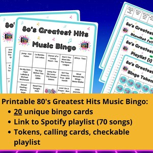 Tarjetas de bingo musical con los mejores éxitos de los 80: 20 tarjetas únicas, bingo musical, música de los 80, juegos de música, incluida una lista de reproducción de Spotify, bingo de canciones