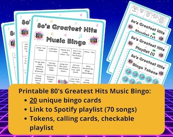 Bingo musicale anni '80: 20 cartelle bingo uniche con playlist Spotify, gettoni e biglietti da visita (PDF; download digitale)