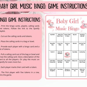 40 Baby Girl Music Bingo cards - music bingo - baby shower bingo - virtual baby games - baby trivia - baby shower jeopardy - Spotify playlist - musical bingo - girl baby shower - virtual baby shower - baby shower activity - gender reveal games pink