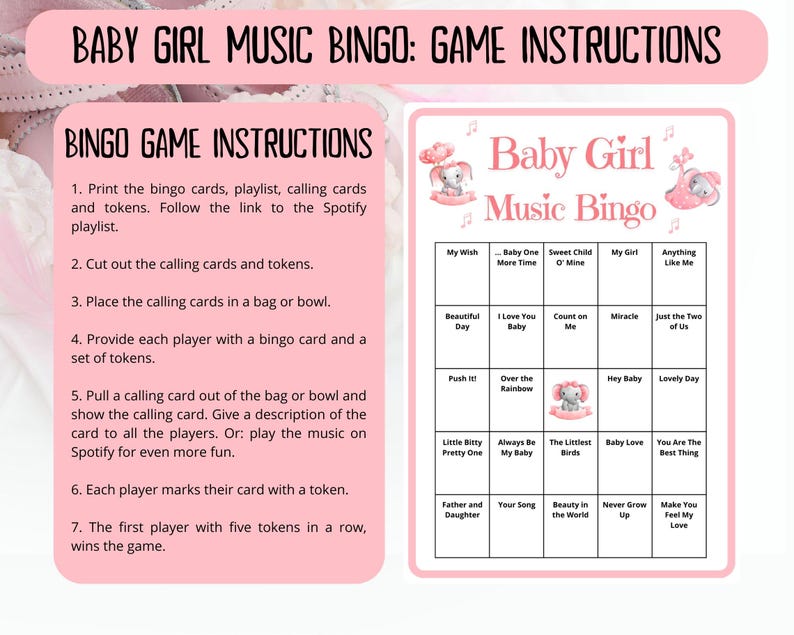 40 Baby Girl Music Bingo cards - music bingo - baby shower bingo - virtual baby games - baby trivia - baby shower jeopardy - Spotify playlist - musical bingo - girl baby shower - virtual baby shower - baby shower activity - gender reveal games pink