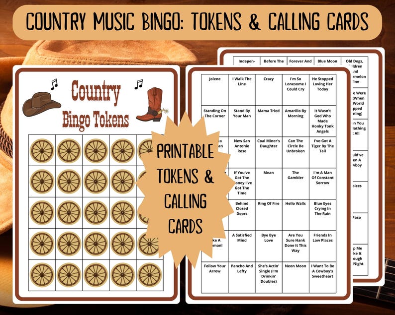 Country Music Bingo - 60 bingo cards music games - musical bingo - western bingo - Spotify playlist bingo - country bingo - musical games - country western gaming - country music - honky tonk - george strait - musical game - honkytonk - countrysongs
