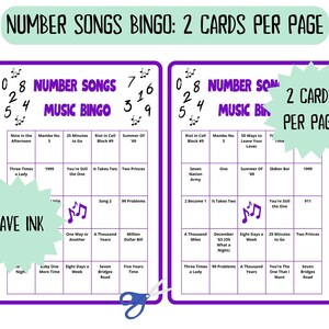 60 Number Songs Music Bingo cards - music bingo -  music game including Spotify playlist - number music bingo - 50s 60s 70s 80s 90s 00s music - printable game - songs of the decade - numbers bingo - numbers music - homeschool activity - family night