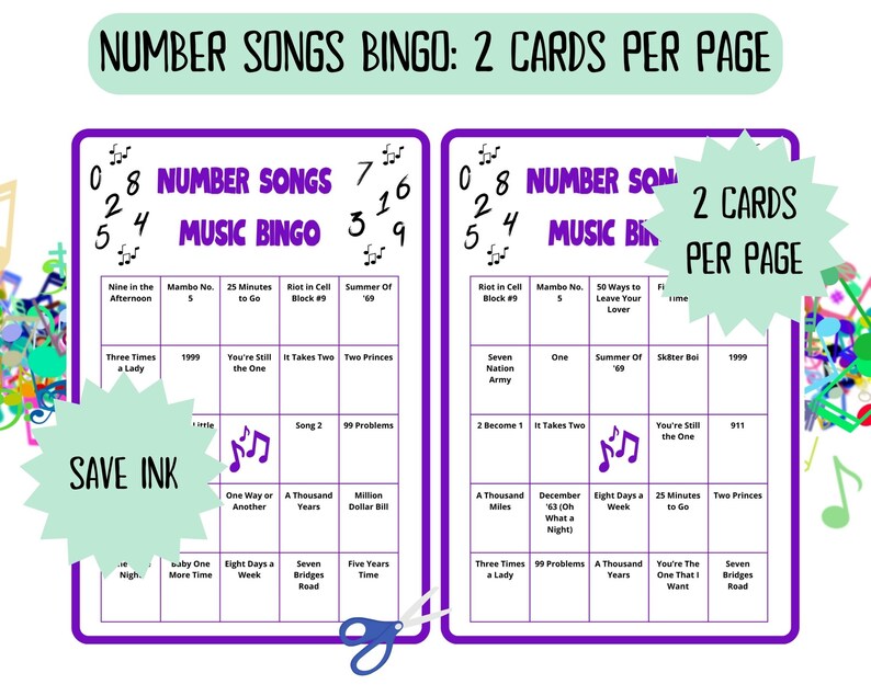 60 Number Songs Music Bingo cards - music bingo -  music game including Spotify playlist - number music bingo - 50s 60s 70s 80s 90s 00s music - printable game - songs of the decade - numbers bingo - numbers music - homeschool activity - family night