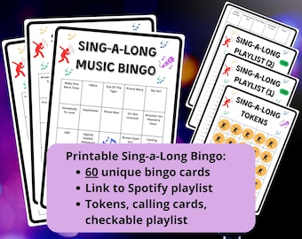 Sing-a-Long Music Bingo - 60 bingo cards - 70s 80s 90s bingo - Spotify playlist bingo - seniors bingo - musical bingo - corporate events