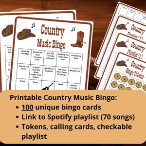Bingo à musique country - 100 cartes de bingo - bingo musical - bingo occidental - bingo avec playlist Spotify - bingo country - jeux musicaux honkytonk