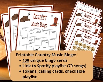 Country Music Bingo - 100 bingo cards - musical bingo - western bingo - Spotify playlist bingo - country bingo - honkytonk musical games