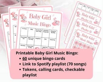 Muzyczne bingo na baby shower – 60 kart bingo z muzyką i playlistą Spotify na baby shower lub imprezę z okazji ujawnienia płci dziewczynki