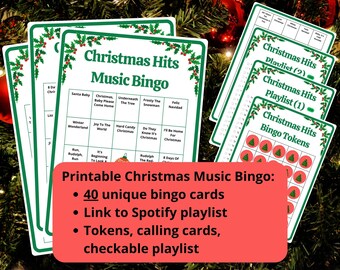 Tarjetas Music Bingo 40 Christmas Hits: juego navideño para toda la familia, bingo con canciones navideñas, bingo navideño, incluye lista de reproducción de Spotify