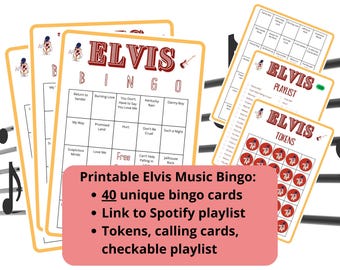 Elvis Bingo - 40 music bingo cards - Elvis songs - printable Spotify playlist bingo - Elvis Presley print - team building games - Elvis gift