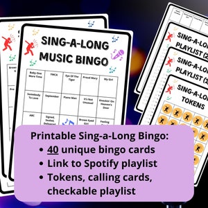 40 tarjetas de bingo musical Sing-a-Long - bingo musical - juegos de música imprimibles para cantar en voz alta - fiesta de los años 70, 80 y 90 - incluida la lista de reproducción de Spotify