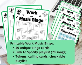 40 tarjetas de bingo musical para el trabajo - bingo musical - bingo de reuniones - actividad para empleados - juego de unión de equipos - juego de teleconferencias - lista de reproducción de Spotify