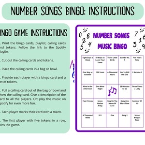 60 Number Songs Music Bingo cards - music bingo -  music game including Spotify playlist - number music bingo - 50s 60s 70s 80s 90s 00s music - printable game - songs of the decade - numbers bingo - numbers music - homeschool activity - family night