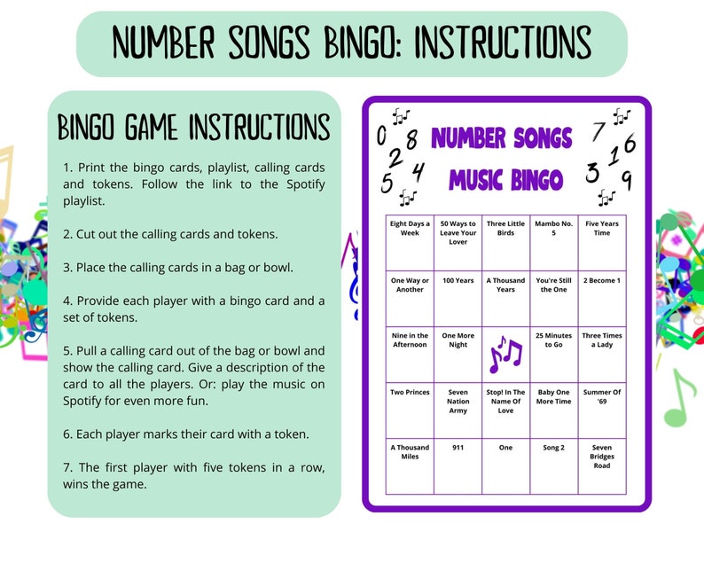 60 Number Songs Music Bingo cards - music bingo -  music game including Spotify playlist - number music bingo - 50s 60s 70s 80s 90s 00s music - printable game - songs of the decade - numbers bingo - numbers music - homeschool activity - family night