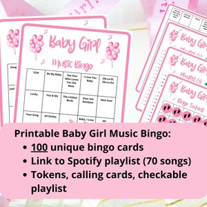 100 Baby Girl Music Bingo cards - baby shower game - virtual baby bingo - pink baby shower - baby shower bingo - Spotify playlist bingo