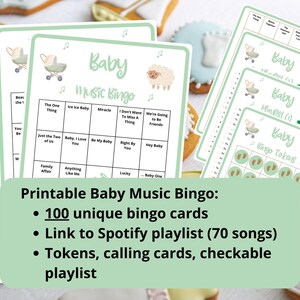 100 tarjetas de bingo musical para bebés - bingo musical - bingo para baby shower - baby shower virtual - bingo neutral para bebés - juegos para bebés - incluye lista de reproducción de Spotify