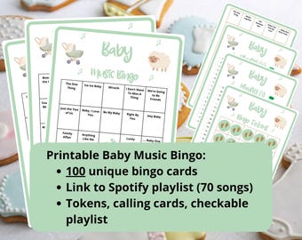 100 Baby Music Bingo cards - music bingo - baby shower bingo - virtual baby shower - neutral baby bingo - baby games - incl Spotify playlist
