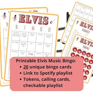 Bingo de Elvis - 20 cartones de bingo musical - Elvis Presley - Formación de equipos - Canciones de Elvis - Bingo con listas de reproducción de Spotify imprimibles - Despedida de soltera en Las Vegas