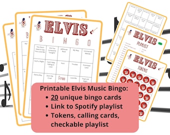 Elvis Bingo - 20 music bingo cards - Elvis Presley - team building - Elvis songs - printable Spotify playlist bingo - Vegas bachelorette