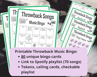 80 Throwback Songs Music Bingo cards - printable sing-a-long music games - 70's, 80's, 90's 00's (2000s) and 2010's party - Spotify playlist