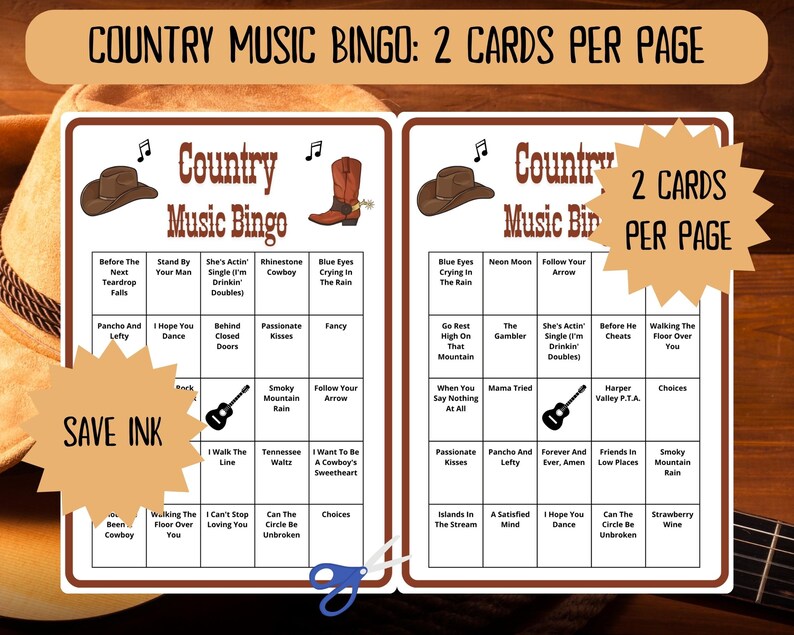 Country Music Bingo - 60 bingo cards music games - musical bingo - western bingo - Spotify playlist bingo - country bingo - musical games - country western gaming - country music - honky tonk - george strait - musical game - honkytonk - countrysongs
