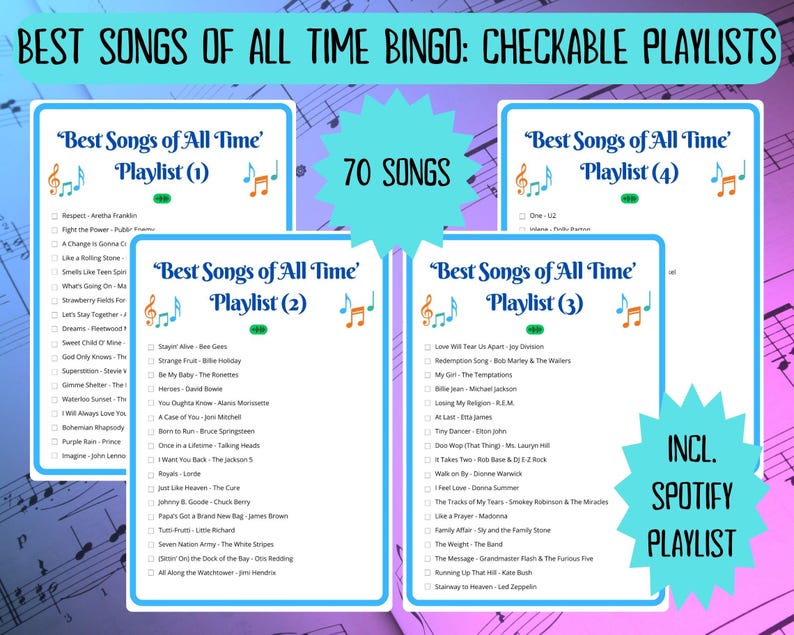 20 Best Songs of All Time Music Bingo cards - musical bingo - 50s 60s 70s 80s 90s 00s 10s music - team building games - Spotify playlist - family reunion bingo - sing-a-long - songs of the decade - boom box - bingo game - bar games - coworker bingo