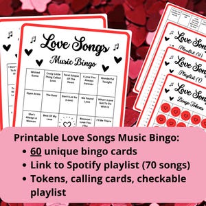 Bingo musical con canciones de amor: 60 cartones de bingo, bingo con canciones de amor, bingo musical, lista de reproducción de Spotify, San Valentín musical, juegos encantadores para una cita nocturna