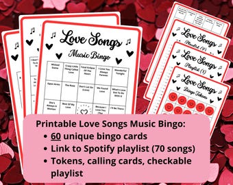 Love Songs Music Bingo - 60 bingo cards - love song bingo - musical bingo - Spotify playlist - musical valentine - lovely date night games