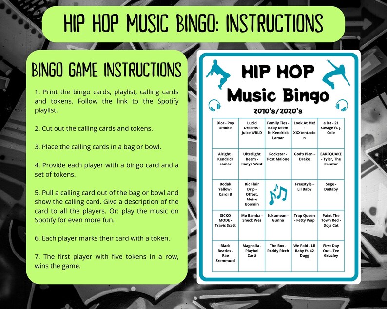 80 Hip Hop Music Bingo cards - recent hip hop music bingo - 2010s 2020s Hip Hop music - friends game night - incl Spotify playlist - bar bingo - hip hop legends - family reunion bingo - old school hip hop - do the right thing - hip hop music games
