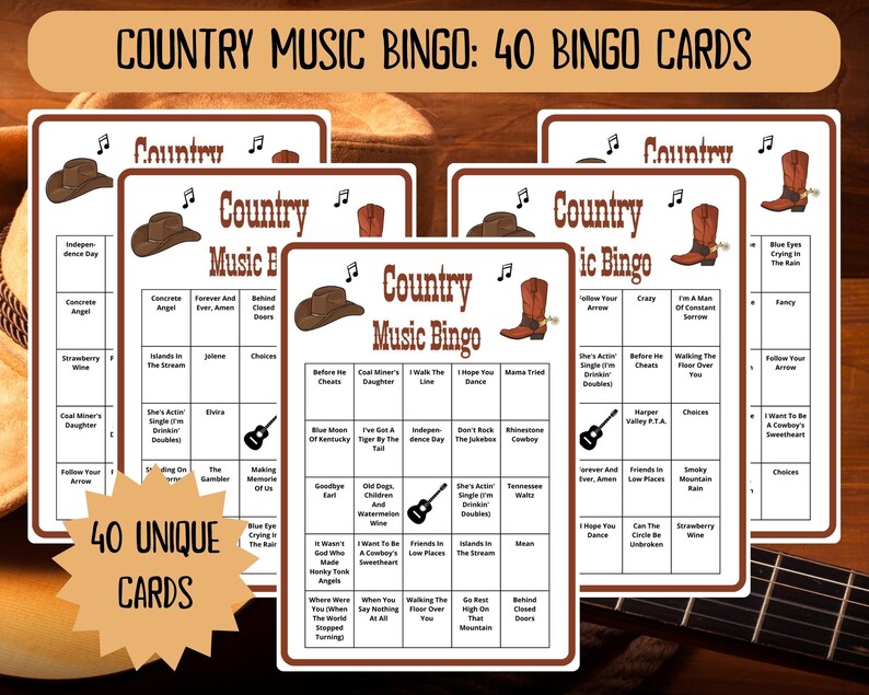 Country Music Bingo - 40 bingo cards - musical games - musical bingo - western bingo - Spotify playlist bingo - country bingo - music games - country gaming - western gaming - country music - honky tonk - george strait - musical games - countrysongs