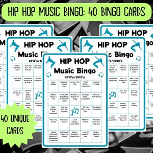 40 Hip Hop Music Bingo cards - fun icebreaker game - 2010s 2020s Hip Hop music - family game night - music playlist bingo - music game - hip hop legends - family reunion bingo - old school hip hop - do the right thing - hip hop music game - bar bingo