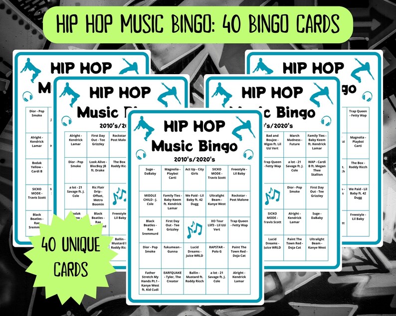 40 Hip Hop Music Bingo cards - fun icebreaker game - 2010s 2020s Hip Hop music - family game night - music playlist bingo - music game - hip hop legends - family reunion bingo - old school hip hop - do the right thing - hip hop music game - bar bingo
