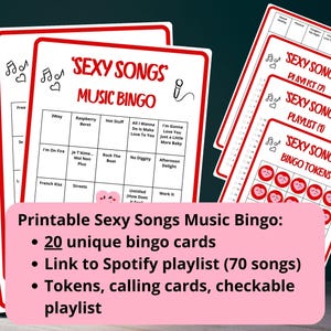Peut inclure: Jeu de bingo musical Sexy Songs imprimable avec 20 cartes de bingo uniques, des jetons, des cartes d'appel et une playlist Spotify vérifiable avec 70 chansons. Le jeu présente un design rouge et blanc avec des cœurs et des notes de musique.