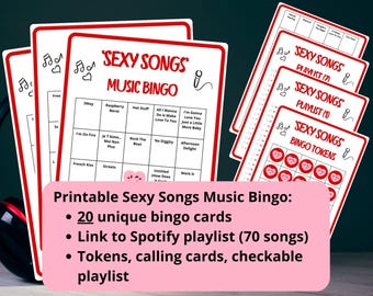 20 Sexy Songs Music Bingo cards - bridal shower game - bride-to-be bingo - sex games - hen do party  - bachelorette ideas - Spotify playlist