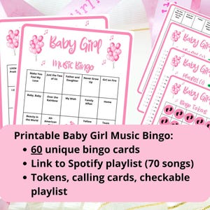 60 Baby Girl Music Bingo cards - music bingo - baby shower bingo - virtual baby games - girl baby shower - baby shower music - Spotify bingo - music playlist bingo -fun baby shower game - virtual baby games - baby shower activity - gender reveal game
