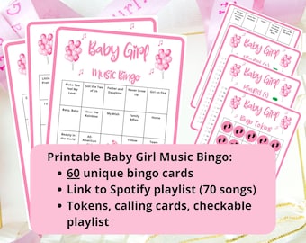 Baby Music Bingo - 60 bingo cards - baby shower bingo - virtual baby games - girl baby shower - baby shower music - musical Spotify bingo